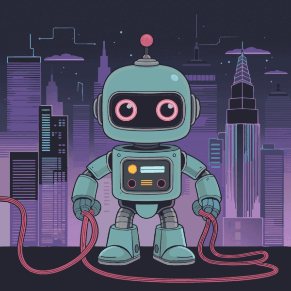 cute small robot connecting sky scrapers in neon-lit city