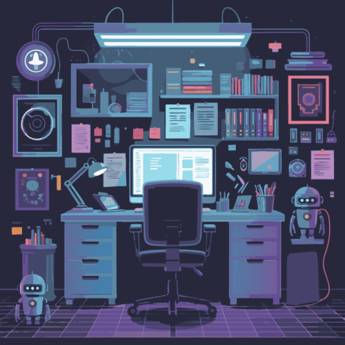 computer connected to small robots in noir-style office
