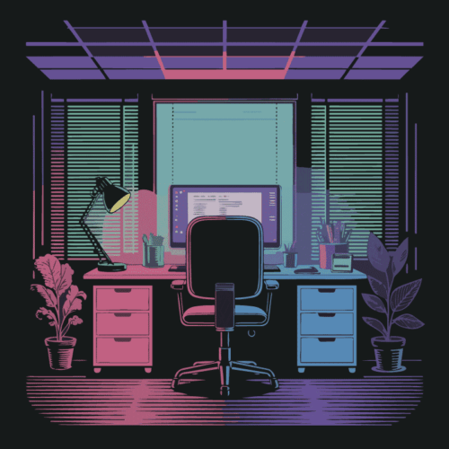Computer on desk in noir style neon-lit office