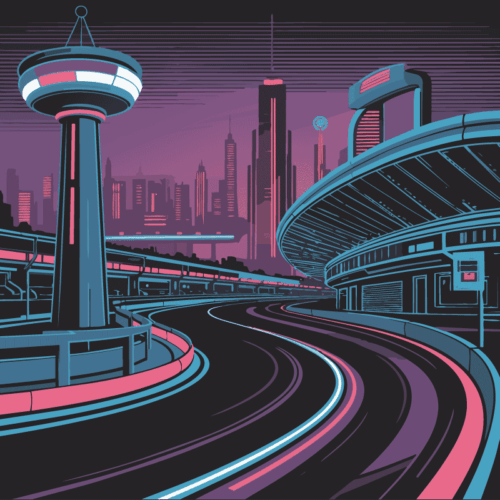 speedway in neon-lit city