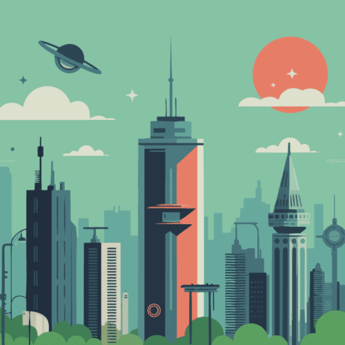 Cityscape with sci-fi elements in a vintage poster style