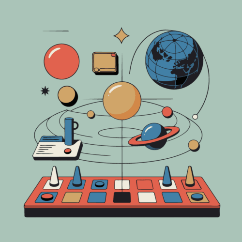 board game pieces with sci fi internet elements