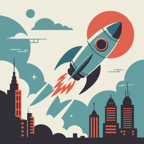 Rocketship shooting over Cityscape with sci-fi elements in a vintage poster style