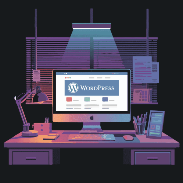 computer with WordPress website on desk in neon-lit noir style office